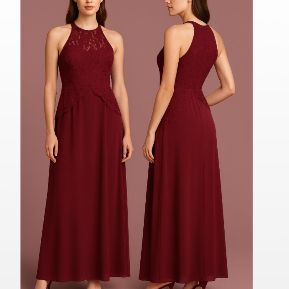 Jasmine Wine Chiffon Maxi Halter Dress with Lace Bodice Size 6